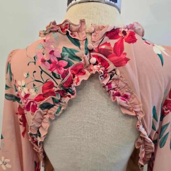 VICI Pink Floral Print Long Sleeve Ruffle & backless Maxi Dress Sz Medium - Picture 6 of 14